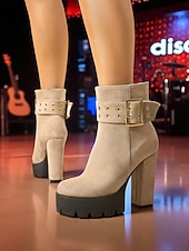 baratos Botas com salto-bota feminina plataforma de camurça preta com salto grosso e fivela dourada &amp;fecho de zíper - festa ousada &amp;calçados de concerto para looks de outono e inverno
