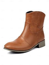 abordables Cowboy y botas occidentales-Botines de piel sintética color vino tinto para mujer: botas cortas de tacón bajo estilo western informal para el trabajo, viajes y atuendos cotidianos.