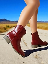 abordables Cowboy y botas occidentales-Botines de piel sintética color vino tinto para mujer: botas cortas de tacón bajo estilo western informal para el trabajo, viajes y atuendos cotidianos.