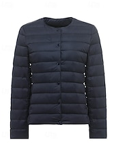 billige Dunjakker-Dame Dunjakke Pufferjakke Hold Varm Bekvem Lomme Knapper Fritid عادي Ferie Ut på byen Fritid / hverdag Enkeltkneppet Normal Crewneck Normal Langermet Yttertøy Marineblå Svart Hvit Høst Vinter