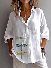 Women's Shirt Graphic Animal Dragonfly Vintage Tropical Daily Long Sleeve Shirt Collar Regular Tops Work Daily Holiday Buttons Print White Summer Spring Fall3