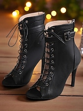 baratos Festa da Vida Noturna-Botas femininas pretas de salto alto com cadarço e bico fino - botas de salto alto com fivela para festas noturnas e trajes de clube