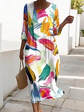 preiswerte Kunst &amp; Design Kleid-Damen Maxi Kleid Kaftan 3/4 Länge Ärmel Rundhalsausschnitt Lässiges Shift Kleid A-Linie Kleid Kleid Boho Alltag Urlaub Date Grafisch Geometrisch Rot Hellbraun Blau Beige Frühling
