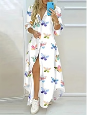 tanie kwiatowa sukienka-Damskie Sukienka maxi Sukienka blezer Sukienka ołówkowa Urlop Codzienny Formalny Impreza Biuro Regularny Kwiaty Graficzny Długi rękaw Kołnierzyk koszuli Biały Rumiany róż Czerwony Lato Wiosna Jesień