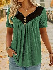 abordables T-shirt uni-Femmes Hauts d&#039;été Moderne Col en V Hauts Réguliers Rouge Vert Kaki Gris Été