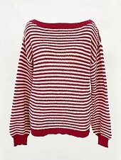 preiswerte Grafische Muster und Details-Damen Pullover Lässig Weich Gestreift Gerippt U-Boot-Ausschnitt Gestrickt Langarm Normale Oberteile Stricken Outdoor Täglich Wochenende Schwarz Rote Herbst Winter
