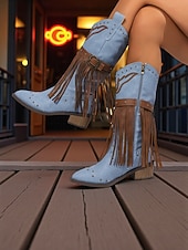 Χαμηλού Κόστους Καουμπόη και δυτικές μπότες-Γυναικείες καφέ μπότες μέχρι το γόνατο με κρόσσια από τεχνητό δέρμα, λεπτομέρειες με τρουκς και χαμηλά τακούνια, μποέμ παπούτσια σε στιλ καουμπόι γουέστερν