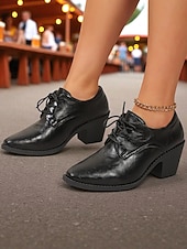 baratos Sapatos Oxford de mulher-Oxfords femininos de couro preto com cadarço e salto bloco – sapatos clássicos de estilo vintage para Oktoberfest, passeios casuais e uso diário