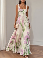 abordables Robes fleuries élégantes-Femmes Robe Longue Maxi Robe Robe de Bal Robe de Soirée Robe Imprimée Mode Moderne Soirée Anniversaire Date Coupe régulière Fleur Sans manches Col carré Blanche Jaune Rose Claire Bleu Été