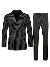preiswerte Herren Klassische Blazer-Herren Blazer Set Geschäft Cocktailparty Hochzeitsfeier 2 Stück Mode Lässig Frühling Herbst Polyester Gestreift Tasche Knöpfe Bequem Doppelreihig Blazer Schwarz
