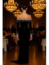 economico Abiti da sera a tubino-abito da sera elegante in velluto elasticizzato con cravatta nera, a sirena/tromba, con perle, formale, da sposa, strascico a ruota, manica lunga, spalle scoperte, 2025