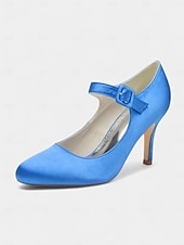 voordelige Cocktail-Champagnekleurige satijnen Mary Jane-hakken voor dames met kristallen gesp, elegante pumps met puntige neus voor cocktailparty&#039;s