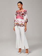economico Bluse e camicie-Top da donna in raso stampato rosa con scollo a barchetta, maniche a sbuffo, in viscosa, elegante, lavabile in lavatrice, per tutti i giorni, lavoro, autunno
