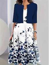 ieftine rochie florală-Pentru femei Set de rochii Rochie A line Casual Rochii Semi Formale Floral Grafic Imprimeu Rochii Midi Manșon Jumate Stil Nautic Vacanță Dată Alb Albastru piscină Trifoi Vară Primăvară Fit regulat