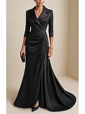 economico Vestiti da sera-Sirena / Tromba Abito da Sera Elegante Vestito Formale Matrimonio Lunghezza al pavimento Manica 3/4 Bavero Raso Elasticizzato con Pieghe Volant 2025