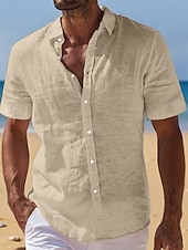  Men's Linen Shirt Summer Shirt Beach Wear Button Up Shirt Plain Vacation Curise Black White Light Green Pink Short Sleeve Turndown Summer Clothing Apparel