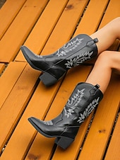 levne Cowboy &amp; Western Boots-Dámské semišové kovbojské boty s vyšívaným designem, westernové, s blokovým podpatkem do poloviny lýtek, retro styl, módní boty pro městské běžné nošení