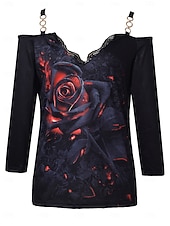 tanie koszulka sztuka i design-Damska bluzka grafika róży vintage stylowa nowoczesna długi rękaw dekolt w kształcie litery V z odkrytymi ramionami regularne bluzki codzienny ubiór wyjściowy patchworkowy nadruk czarny lato wiosna