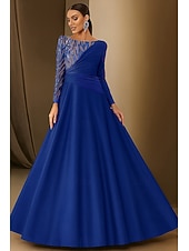baratos Vestidos de noite com cintura império-Vestido de noite elegante com apliques de renda e lantejoulas, corte A, comprimento até o chão, manga comprida, decote canoa, cetim com pregas 2025