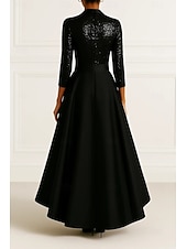 abordables Robes de smoking-Blazer noir extensible à paillettes, robe de soirée trapèze, robe élégante de mariage formelle, longueur au sol, manches 3/4, revers en satin avec plis pailletés, 2025