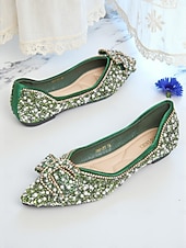 cheap Women's Flats-Women's Green Rhinestone Pearl Flats - Pointed Toe Slip-On Dress Shoes with Buckle Detail for Cocktail Parties &amp; Evening Events