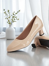 economico Décolleté con kitten heel-Scarpe eleganti da donna in similpelle nera verniciata con tacco medio - classiche décolleté con punta tonda per ufficio, abbigliamento business e chiesa.