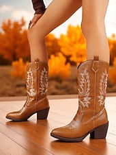 levne Cowboy &amp; Western Boots-Dámské semišové kovbojské boty s vyšívaným designem, westernové, s blokovým podpatkem do poloviny lýtek, retro styl, módní boty pro městské běžné nošení