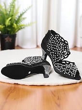 economico Scarpe per balli latini-scarpe da ballo da donna con punta aperta, strass e tacco basso color carne - calzature professionali per feste da ballo Gatsby