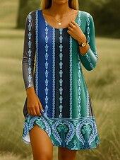 tanie Sukienka boho-Damskie Sukienka do kolan Sukienka dzianinowa Codzienne sukienki Sukienka t-shirtowa Sukienka letnia Codzienny Regularny Graficzny W Tureckie Wzory Długi rękaw Półgolf Rumiany róż Niebieski Fioletowy