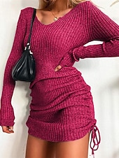 abordables Robes pull-Femmes Mini Robe Robe Pull Mode Moderne Extérieur Vacances Fête Coupe régulière Uni manche longue Col en V Noir Jaune Vin Vert foncé Automne