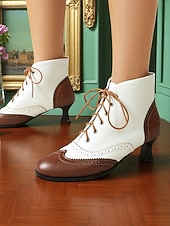 olcso 1950-es évek-női 1950-es évekbeli vintage oxford bokacsizma – kétszínű, fűzős, brogue sarkú, szárnyas hegyű kialakítású, edward stílusban, retró öltözékekhez, cosplayhez, teadélutánokhoz és mindennapi viselethez.
