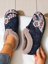 economico Scarpe di Natale per Donne-scarpe slip-on da donna con fodera in pelliccia ricamata rossa e motivo floreale, calde scarpe invernali per Natale, periodo festivo e abbigliamento casual
