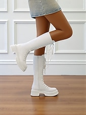 baratos Botas de combate-Botas femininas de couro sintético, cano alto, com cadarço, zíper lateral e sola plataforma grossa, calçado casual urbano