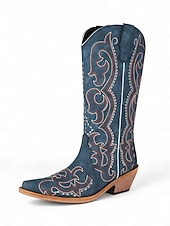 levne Cowboy &amp; Western Boots-Dámské modré kovbojské boty ve westernovém stylu s propracovanou výšivkou, špičatou špičkou a nízkým podpatkem pro country koncerty a rodeo styl