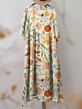 preiswerte Blumenkleider-Damen Maxi Kleid Kaftan 3/4 Länge Ärmel Rundhalsausschnitt Lässiges Kleid A-Linie Kleid Boho Lockere Passform Florales Grafik V-Ausschnitt Weiß Gelb Hellgrün Grün Frühling Herbst