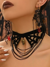 abordables Accesorios de Halloween-Conjunto de collar y pendientes de araña y calavera de Halloween para mujer: diseño de red de encaje negro con gema roja, perfecto para fiestas y disfraces de Halloween.