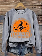 abordables Sweatshirt et Hoodie d&#039;Halloween-Pull Sweat à Capuche Femme Halloween Graphique Sorcière Crâne Mode Décontracté Manches Longues Col Rond Tops Classiques Quotidiens Casual Imprimé Noir Violet Orange Vert Gris Automne Hiver