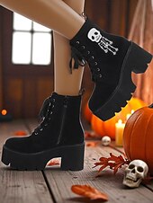 abordables Pour les femmes-Bottines gothiques à plateforme en daim noir pour femmes - Bottines à lacets et talons épais avec broderie squelette pour Halloween et cosplay d&#039;automne &amp;tenue de fête