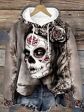 preiswerte Halloween Sweatshirt und Hoodie-Damen Kapuzenpullover Grafik Schädel Mode Lässig Druck Langarm Mit Kapuze Normale Oberteile Straße Alltagskleidung Kordelzug Druck Grau Herbst Winter