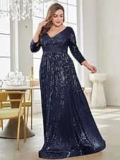 economico Semi-formale / Cocktail-Linea ad A Lunghezza al pavimento Abiti da festa Elegante Manica Lunga Scollo a V Formale Invitato a matrimonio autunnale Con Paillettes con Glitter Paillettes