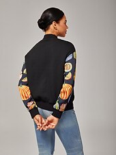 preiswerte Überbekleidung für Damen-Damen Bomberjacke Casual Street Patchwork Kürbis Print Mikro - elastischer Strukturstoff Schwarz Polyester Elasthan
