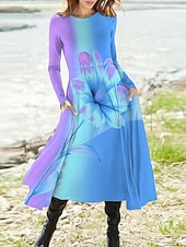 preiswerte Blumenkleider-Damen Maxikleid A Linie Kleid Figurbetontes Kleid Urlaub Lässig Boho Party Täglich Ausgehen Normale Passform Ombre Blumen Grafik Langarm Rundhalsausschnitt Rote Blau Purpur Sommer Frühling Herbst