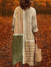 economico Abiti a Strisce e Geometrici-Abito Midi da Donna V Collo Maniche Lunghe Kaftan Leggero Comodo A Line Abito Casual Boho Uscita Comodo Fit Grafica Geometrica Maniche Lunghe V Collo Marrone Chiaro Autunno