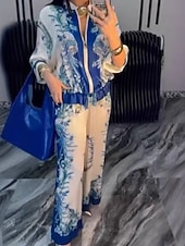 お買い得  レディースブラウススーツ-女性用 活発的 ファッション ブラウス パンツセット 長袖 スタンド フラワー ドローストリング プリント アウトドア お出かけ ブルー オレンジ グリーン 秋 レギュラー