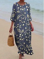 billiga Blommig klänning-Kvinnors Maxiklänning Kaftan 3/4 Lång Ärme Crew Neck Avslappnad Shift Klänning A-linjeformat Klänning Klänning Boho Daglig Semester Dejtdress Blommig Grafisk Mörk Gul Ljus Rosa Gul Ljus Grön