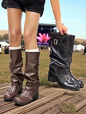 abordables Bottes à la mode-Bottes d&#039;équitation marron pour femmes - style équestre souple en similicuir avec sangles à boucle et talon bas, chaussures décontractées d&#039;automne et d&#039;hiver pour événements en plein air, festivals