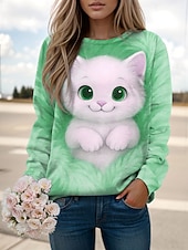 economico Animali Tops-Per donna Felpa Pullover Stampato Grafico Animale Gatto Casual Manica Lunga Girocollo Top Regolari Casuale Streetwear Ferie Blu Rosa Viola Verde Primavera Autunno Inverno