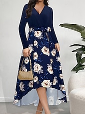 abordables Robes en chiffon-Femmes Robe Longue Maxi Robe Robe Imprimée Mode Extérieur Vacances Fête Coupe régulière Fleur manche longue Col en V Bleu Automne