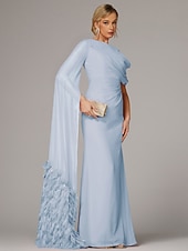 olcso KÉK-Fazonú esti ruha elegáns ruha formális őszi lágy  ecsetvonós vonalú ujjatlan cseppnyakú sifon tollal redőkkel sliccel