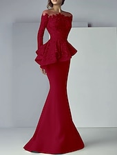 cheap Floor Length-Mermaid Mother of the Bride Dress Formal Wedding Guest Elegant Scoop Neck Floor Length Lace Stretch Fabric Long Sleeve with Ruffles Appliques